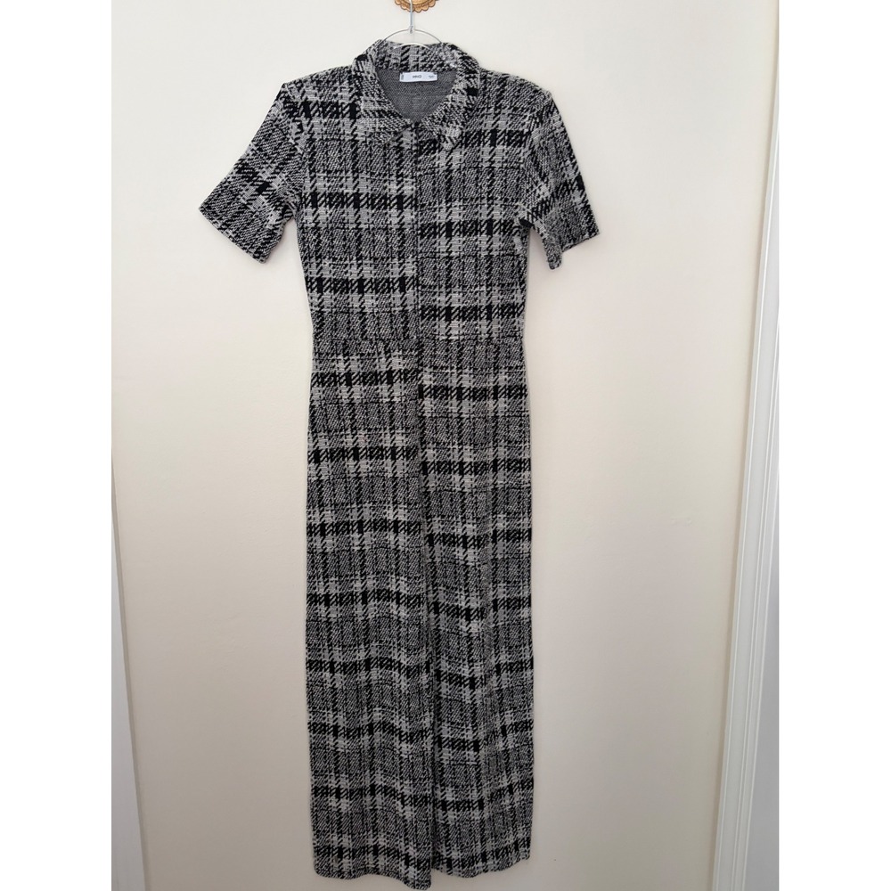 Mango MNG Womens Black White Plaid Tweed Short Sleeve Wide Leg Jumpsuit Size L